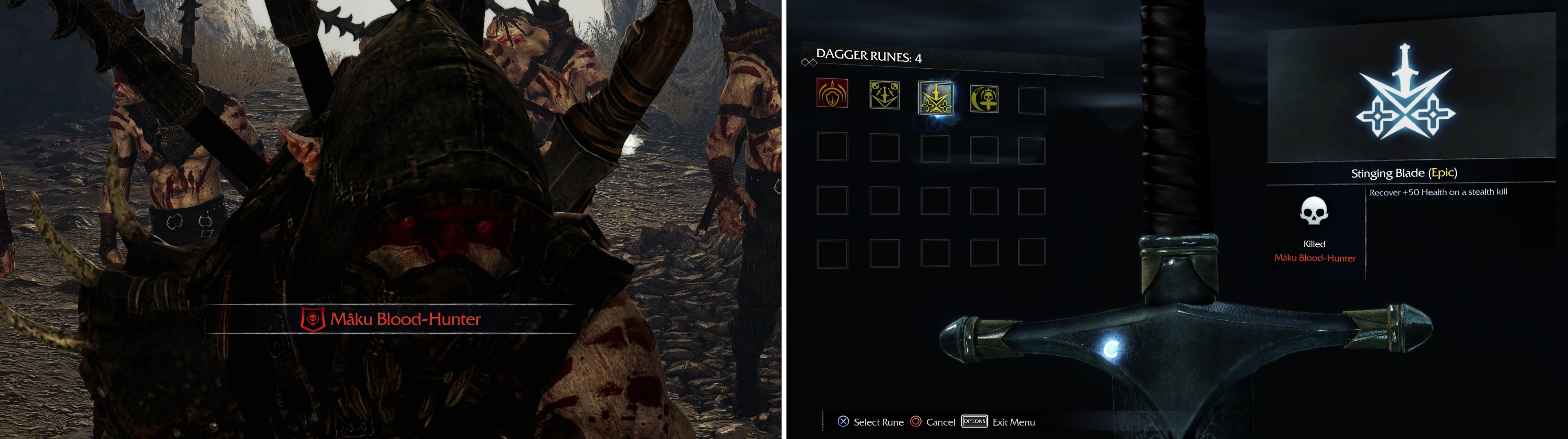 Confront Maku Blood-Hunter (left) and defeat him to earn the “Stinging Blade” Rune (right).