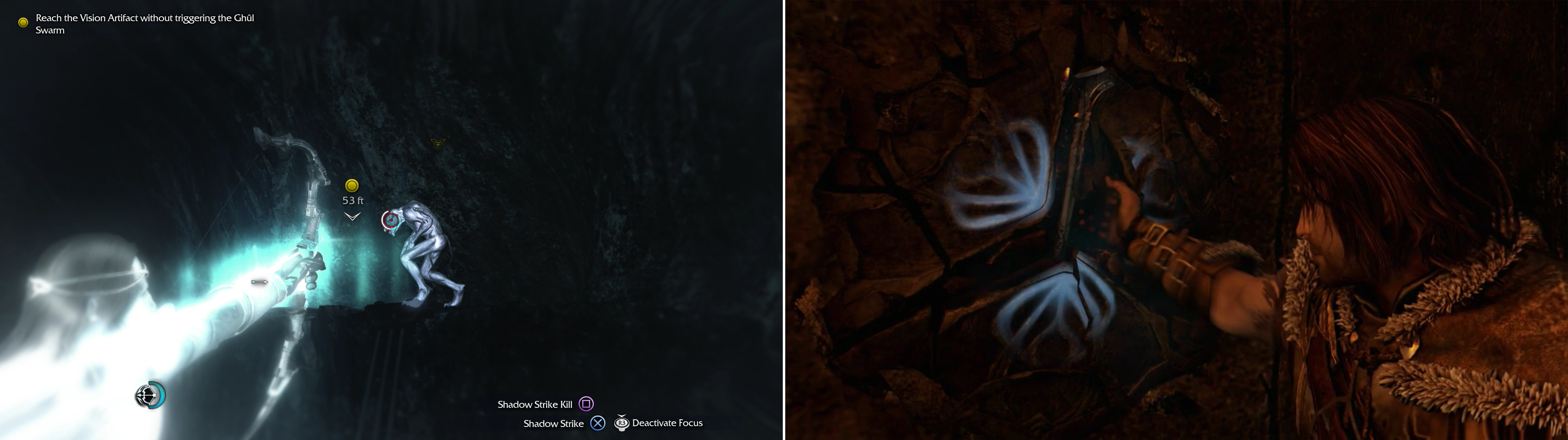 Keep to high ground wherever possible and follow the trail through the cave, avoiding the Ghuls. You should only need to kill one Ghul near the end of your path (left). Grab Celebrimbor’s hammer to witness another vision (right).