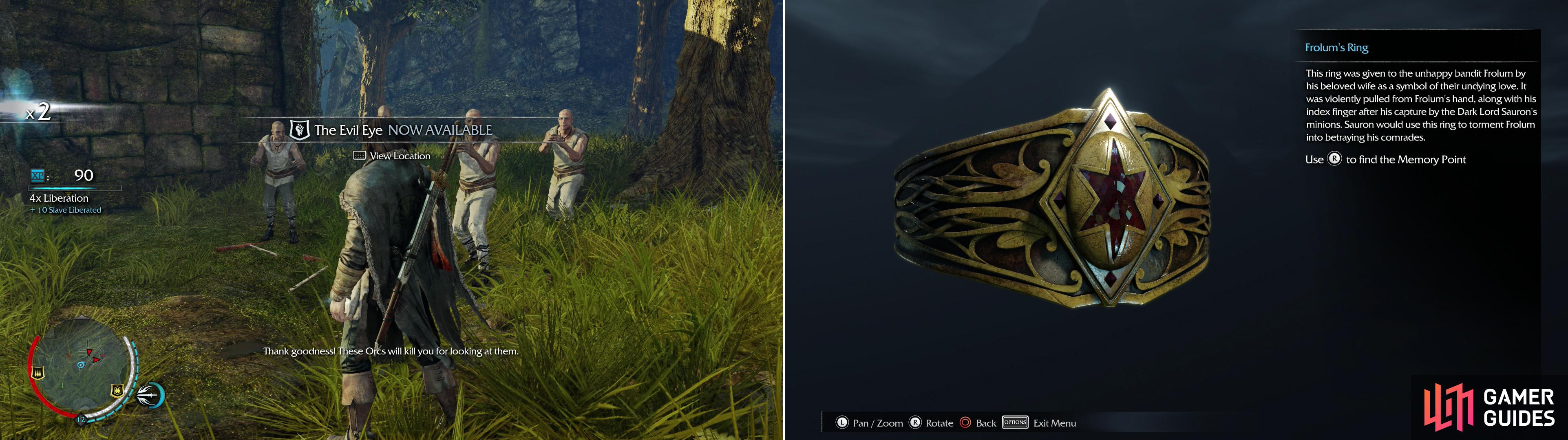 Men in Nurn are as oppressed by the Uruks as the ones in Udun (left). Pick up the Frolum’s Ring artifact to finish up the Harad Basin (right).