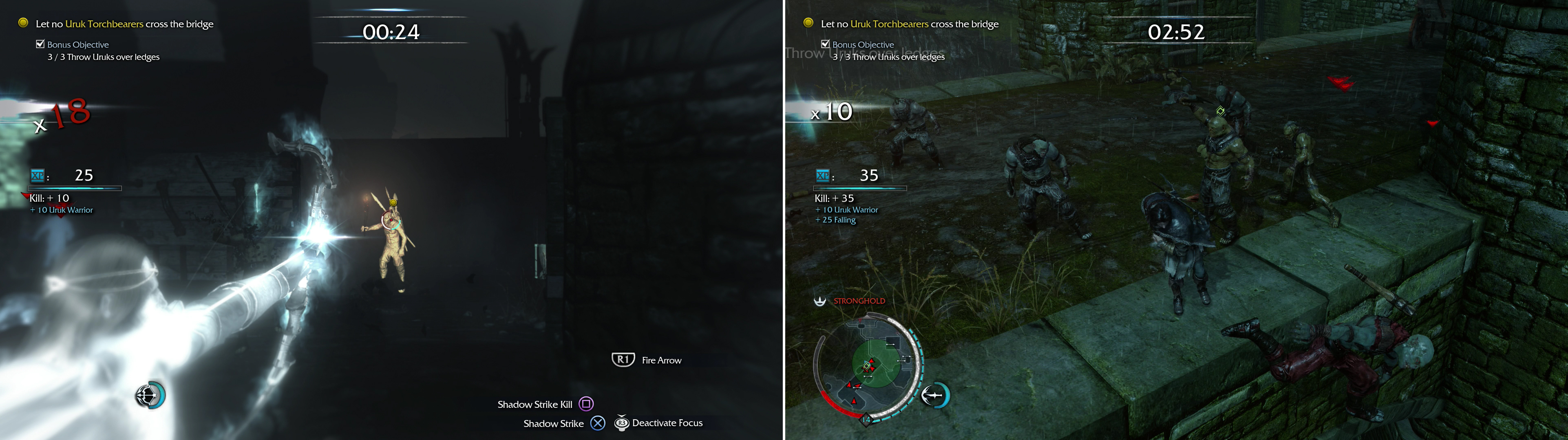 The easiest way to stop Torchbearers is to shoot them in the head (left). Chuck some Uruks off the bridge to complete a bonus objective (right).