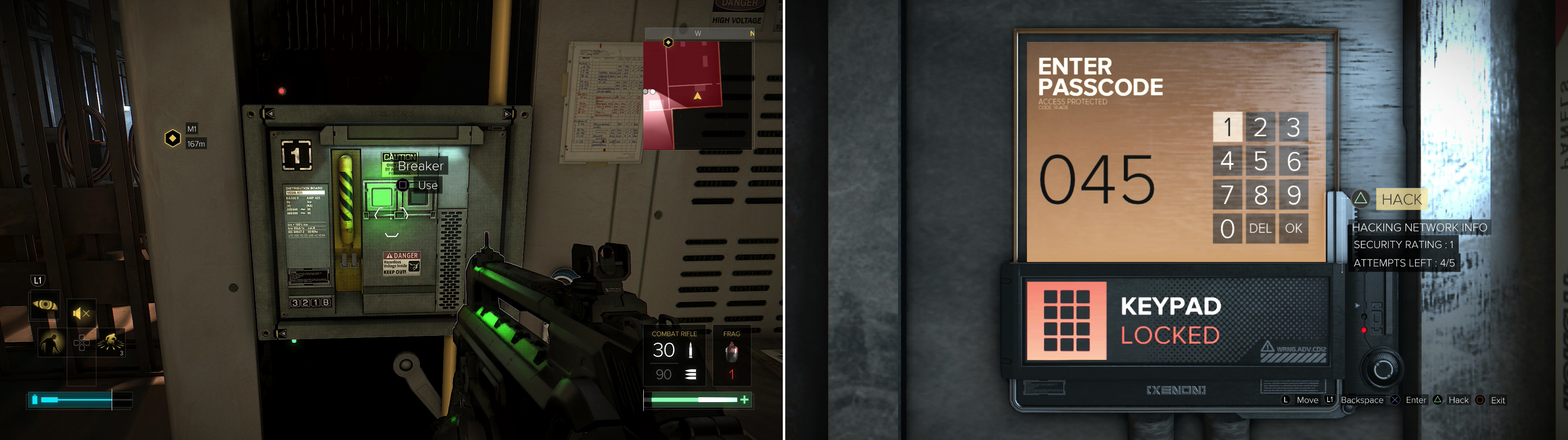 Flip a breaker to restore power to the Keypad (left). Enter the code “0451” into the Keypad to get the trophy/achevement “A Heated Combination” (right).