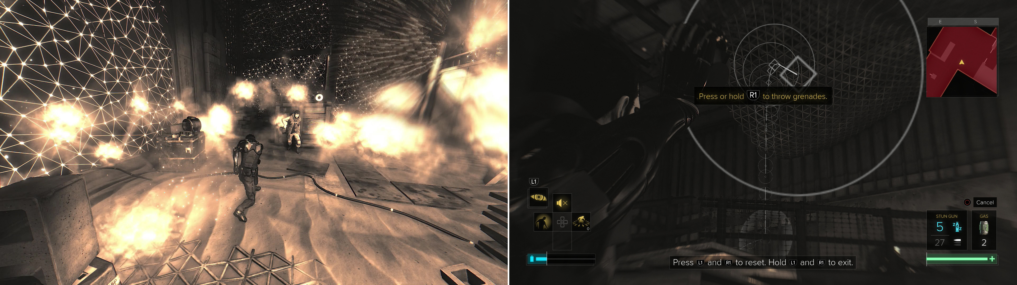 A combat tutorial will let you play with the “Typhoon” augmentation (left) and grenades (right).
