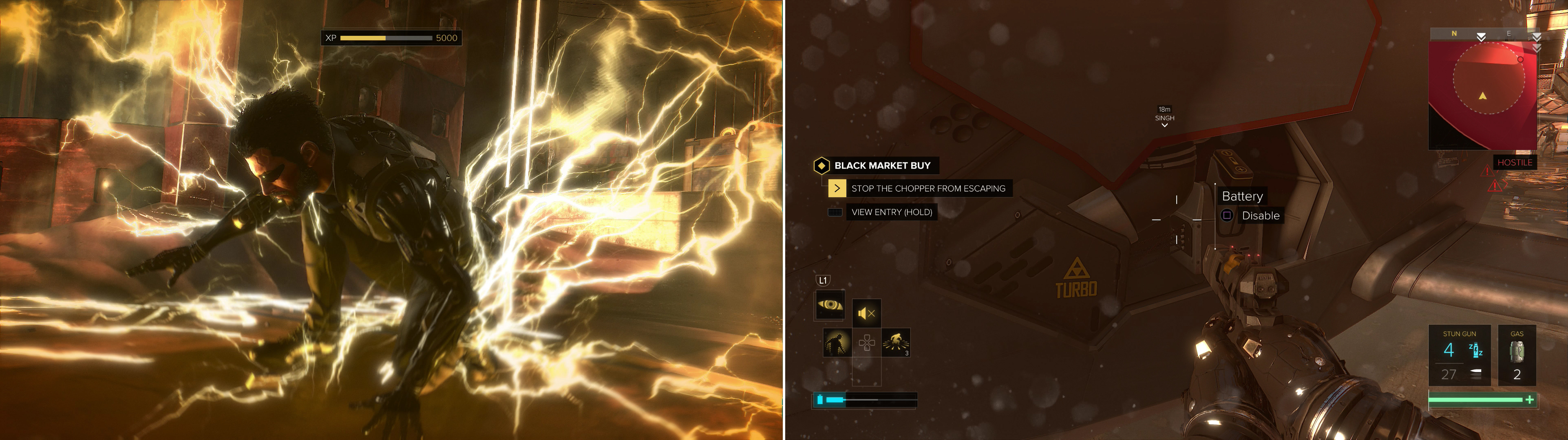 Get the drop on one of the gold masked augs with the “Icarus Landing” augmentation (left). Rush to the helicoptor and pull out the battery to complete the mission (right).
