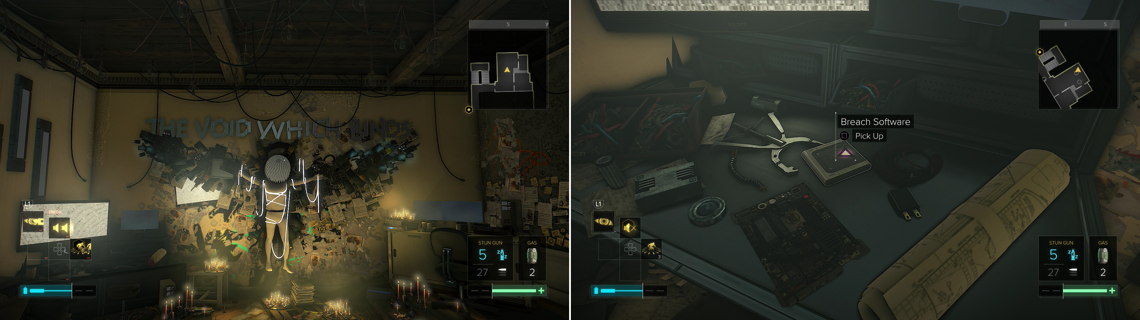 The unsettling wall decoration betray’s the password of the man in apartment #14 (left). Be sure to grab Breach Software #29 while you’re here (right).