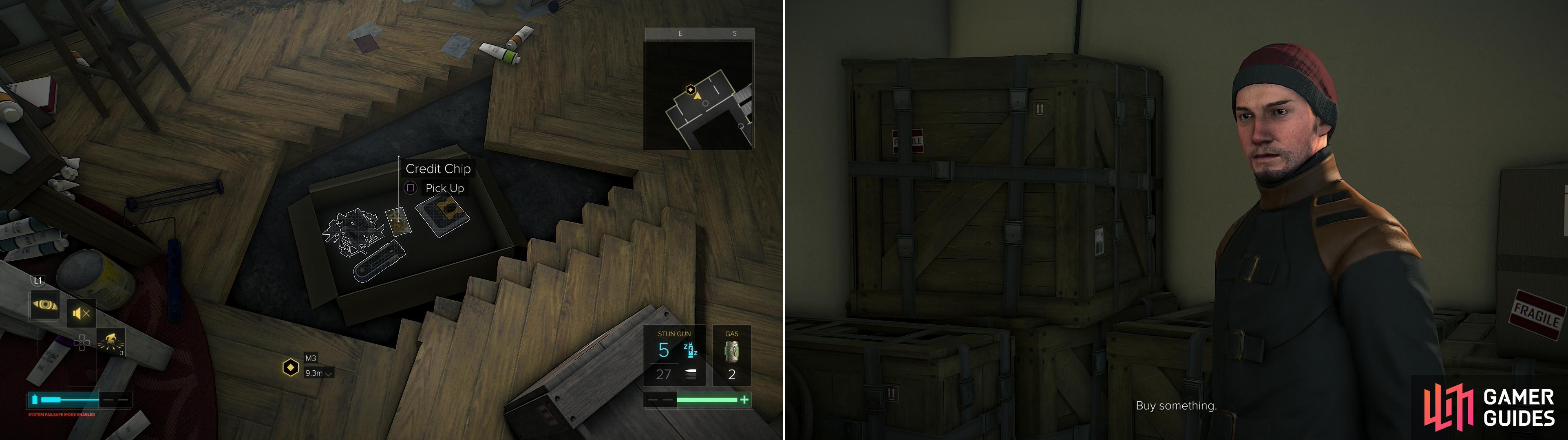 In apartment #32 you can find a hidden stash (left). Tars dwells in apartment #21. He might not be too nice, but he’ll buy junk you find (right).