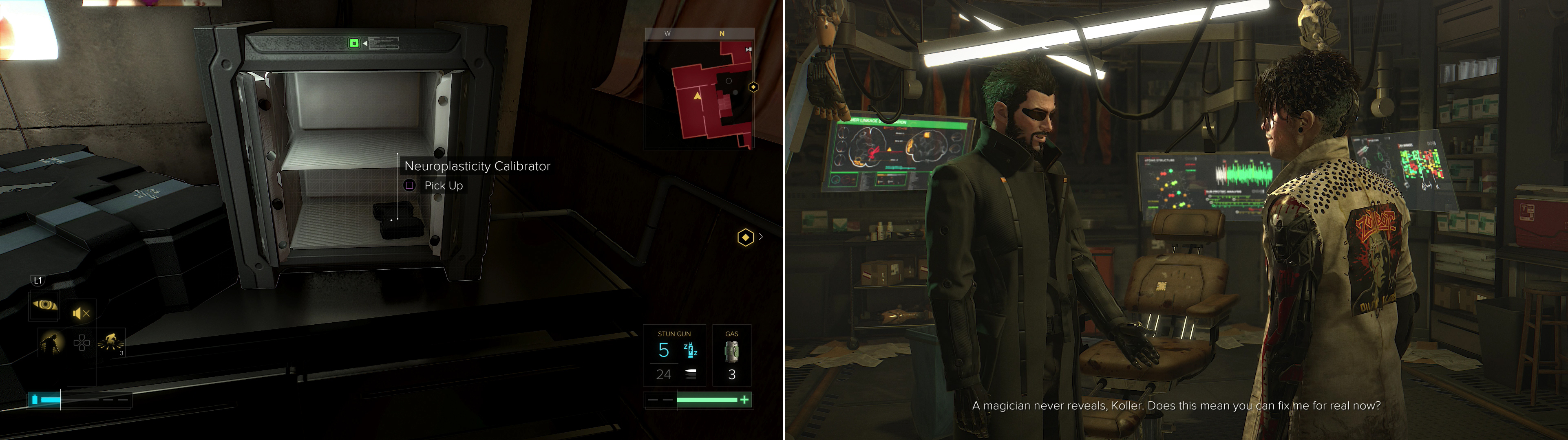 Sneak into the manager’s office and grab the Neuroplasticity Calibrator from the safe (left) then bring it back to Koller - before he even asks for it! (right)