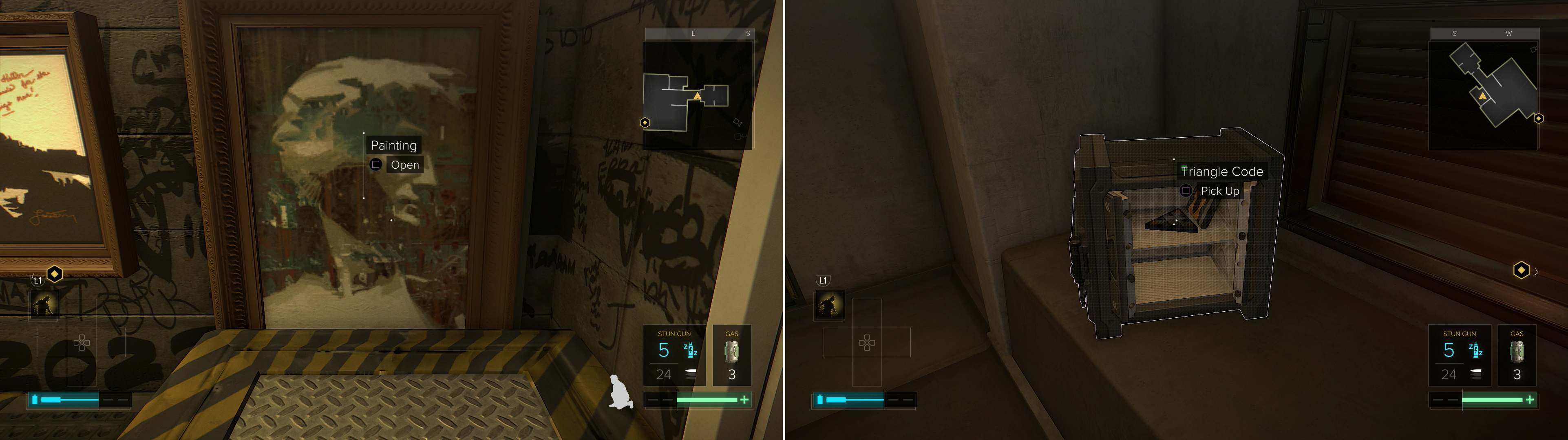 Move a painting out of the way and enter a gas-filled chamber beyond (left). Gain access to Koller’s safe to score a Praxis Kit (right).