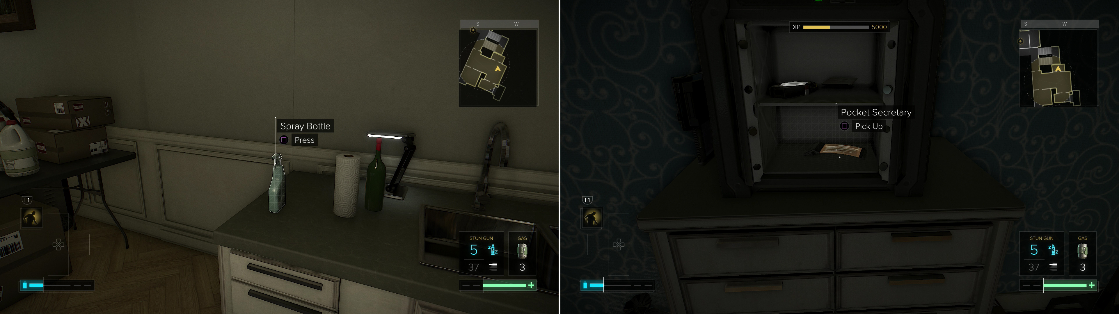 Press a Spray Bottle to reveal a secret door (left) then loot a safe to find a Pocket Secretary with the location of the Neon Lab on it (right).