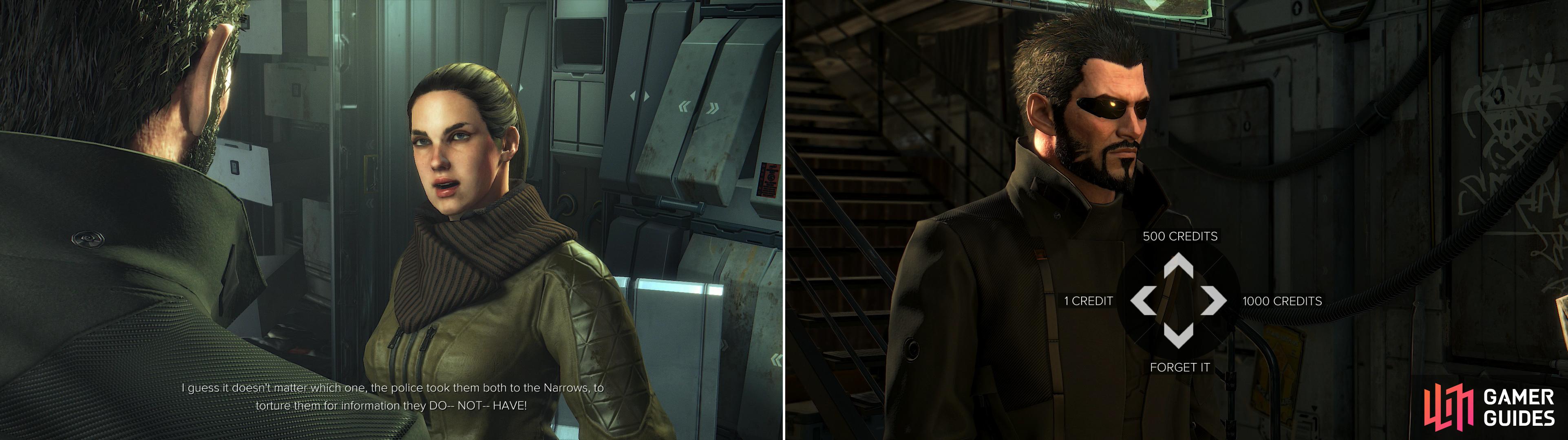 Visit the contact’s house to learn a bit of bad news (left). Bribe the police officer guarding the prison to get to speak to Tibor Sokol (right).