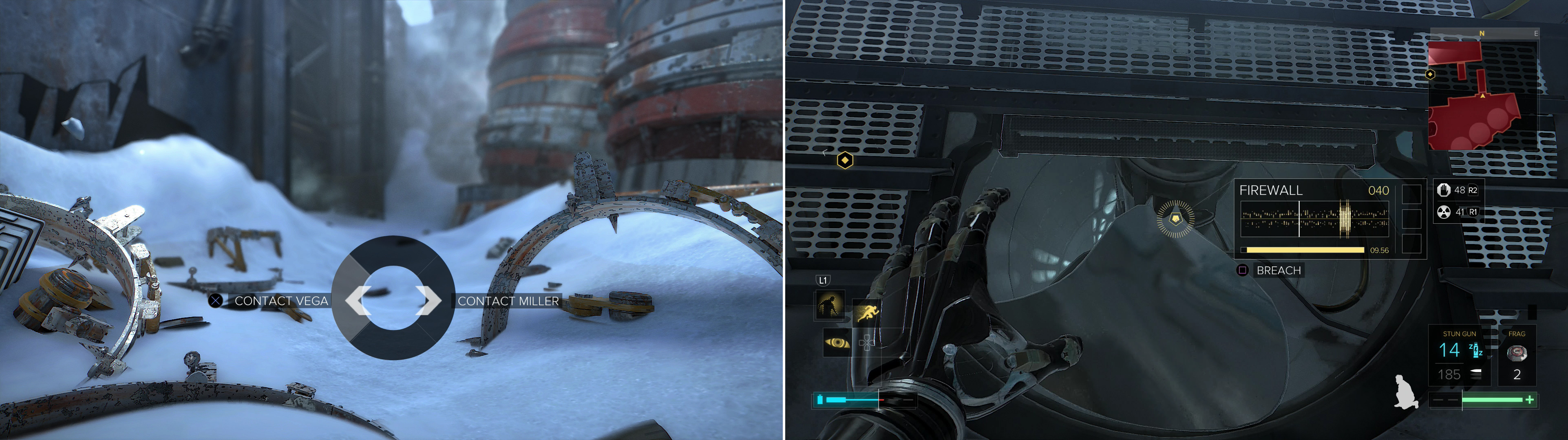 When you’re back in control of your faculties, call Vega to avoid problems later (left). Remote Hack a airshaft to sneak into Hangar 1 (right).