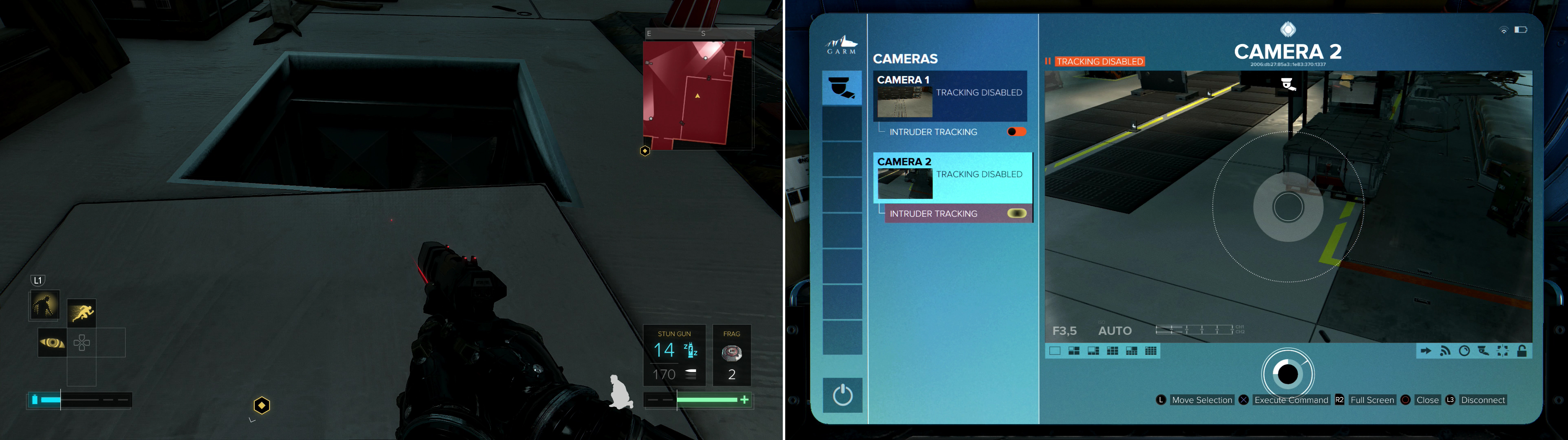 Head into a tent in Hangar 2 to find a hatch (left) which you can use to reach some lightly-guarded security computers (right).