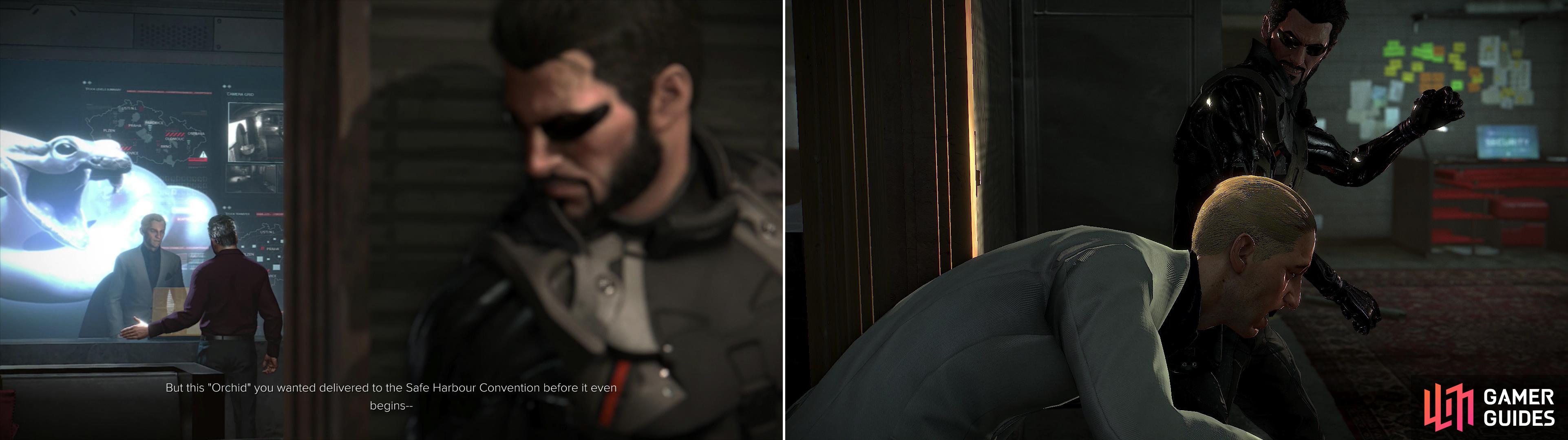 Lucky boy that he is, Adam just so happens to overhear the Dvali discussing their scheme (left). Smack Radich Nikoladze around so you can loot his office in peace (right).