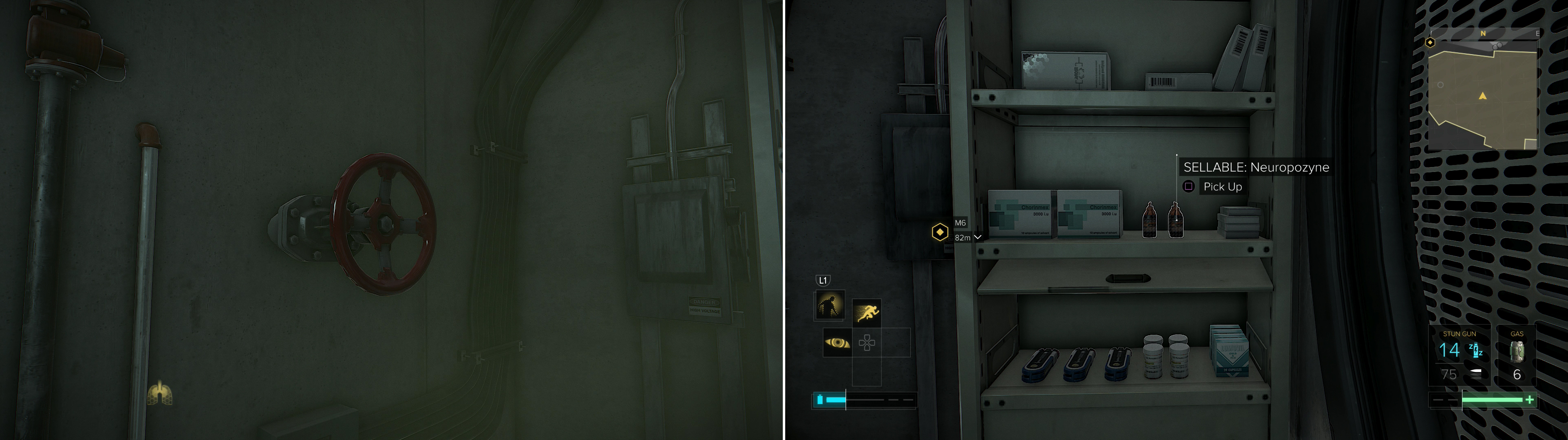 If you have the Implanted Rebreather augmentation you can climb through a vent and turn off a gas valve (left), which will allow you to score a great deal of valuable loot at your leisure (right).