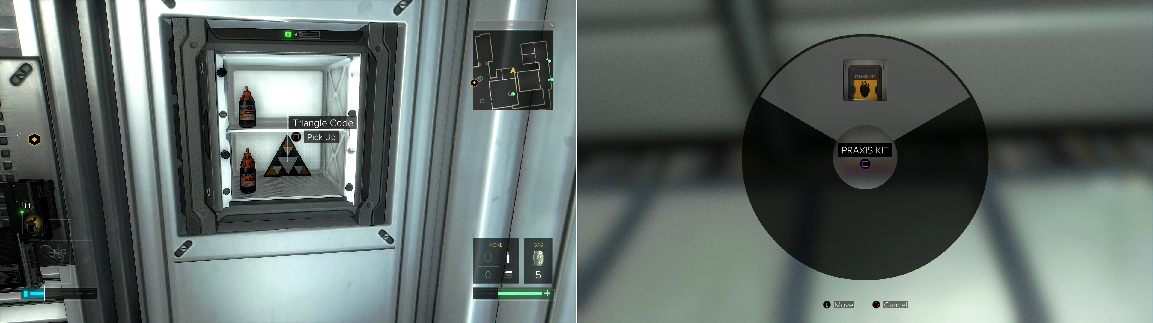 In TF29’s Infirmary you can open a safe to find goodies, including Neuropozyne and Triangle Code #9 (left). You can also search a Medical Box on top of a cabinet to find a Praxis Kit (right).