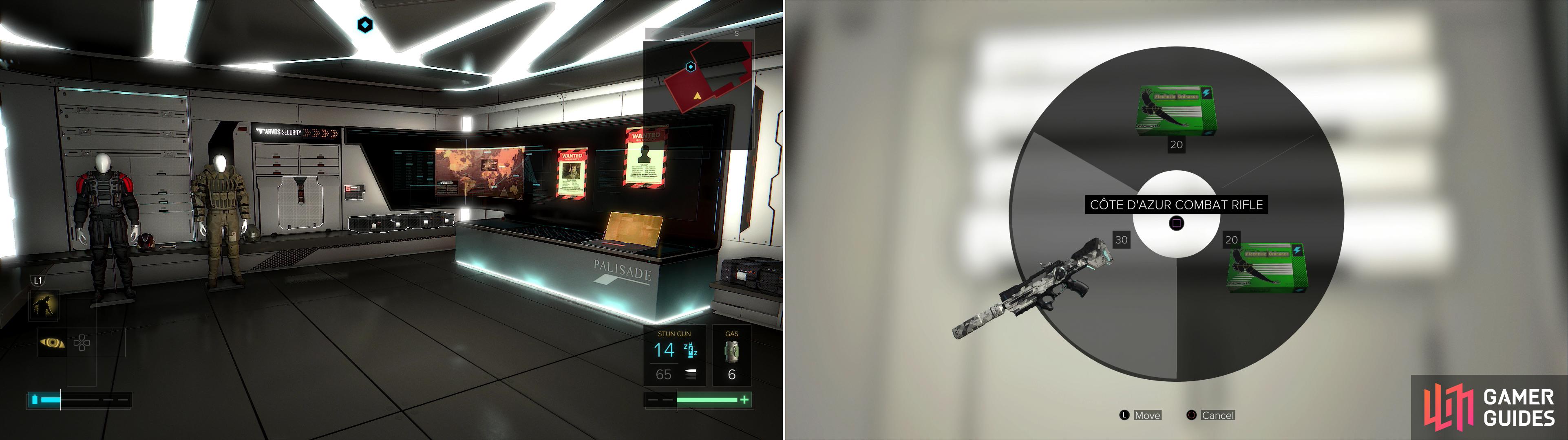 Behold, the Tarvos Security vault (left), inside of which you’ll find various goodies including the Cote d’Azur Combat Rifle (right).