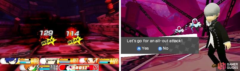 Hitting an enemy’s weakness will put you into Boost mode (left). If enough characters are in Boost mode, then you can initiate an All-Out Attack at the end of a round (right).