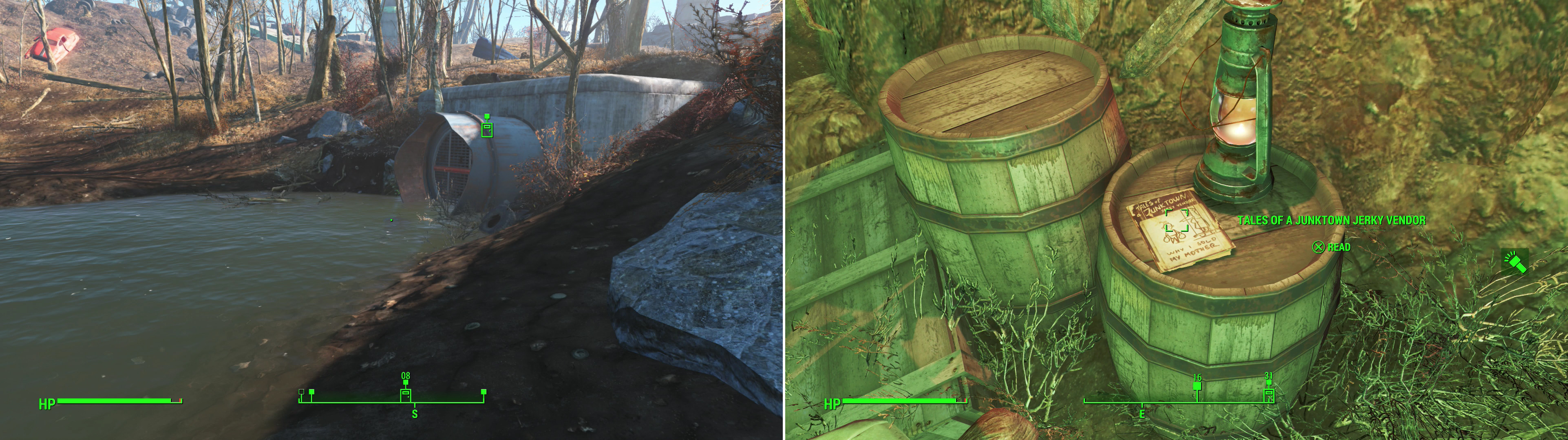 Find a drainage pipe near Walden Pond (left) which leads to a Raider Den. Inside you’ll find a Tale of a Junktown Jerky Vendor magazine (right).