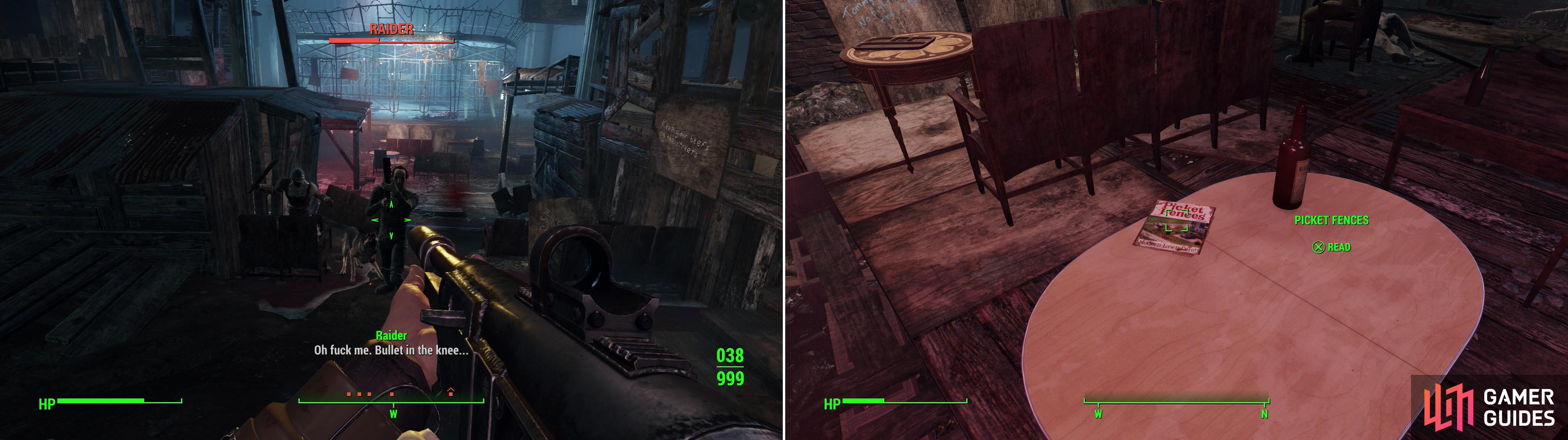 Kill the Raiders inside the Combat Zone and make the area live up to its name (left) then search around for an issue of Picket Fences (right).