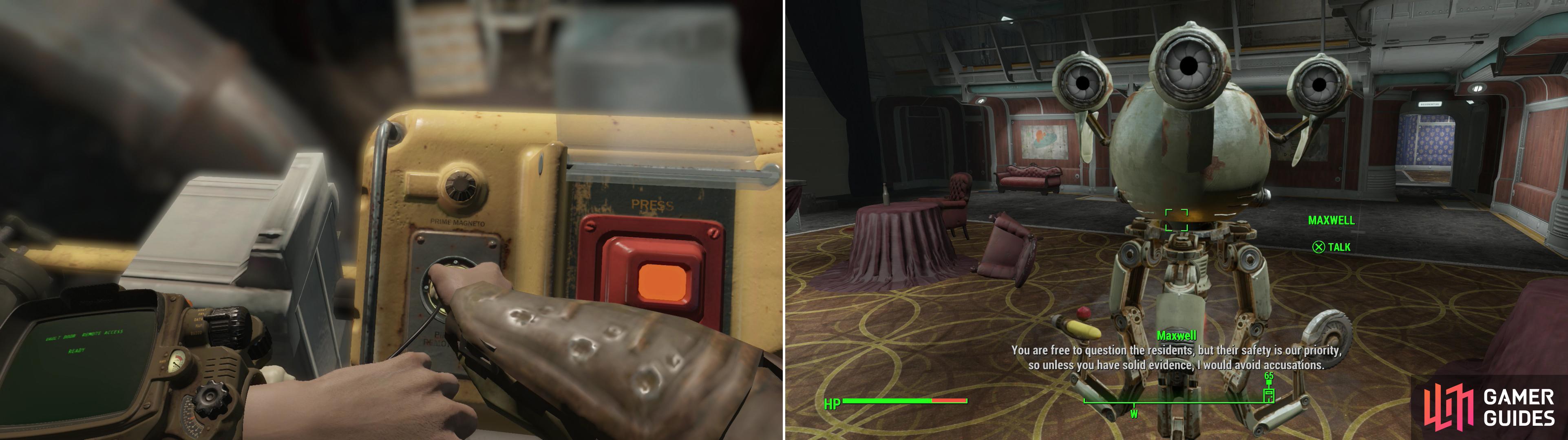 Make your way through the hotel and interface with the Vault 118 door controls (left) then talk to Maxwell to learn some specifics about the murder (right)… and some rules for handling the vault dwellers.