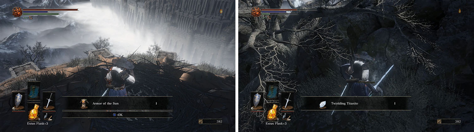 The Nestling will exchange some items for others (left). Make sure to kill the Crystal Lizard behind Firelink’s rooftop for a Twinkling Titanite (right).