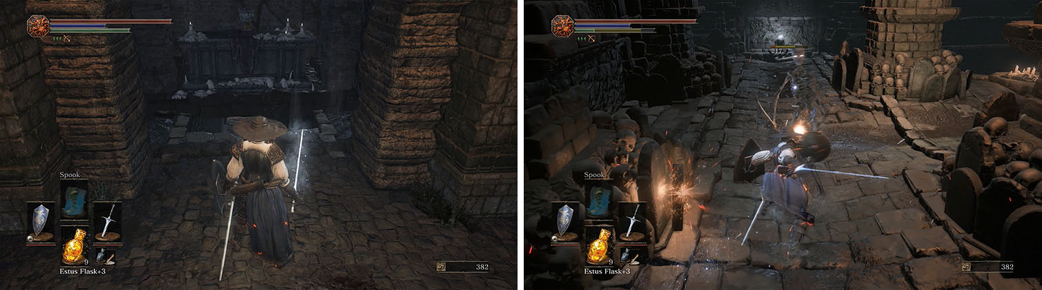 Enter the tunnel behind the Abyss Watchers bonfire to enter the catacombs (left). Note the white eyes of any skeletons, which means they will respawn (right).