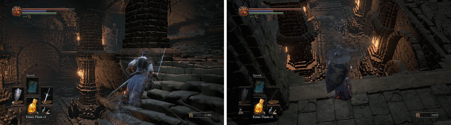 Take care of the skeleton archer upstairs (left) and then use ranged attacks on each of the Skeleton Swordsmen from the lower level (right).