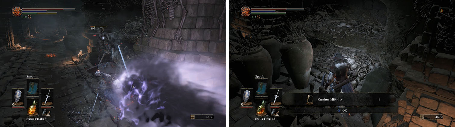 Watch out for the dark orbs that are thrown by the skeleton (left) and then wade through the pots, some of which also release these orbs, to get the ring (right).