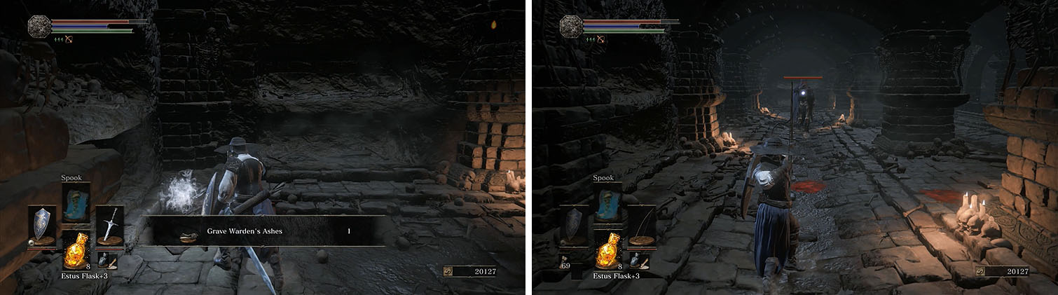 Collect the ashes at the top of the stairs (left) and then head down the hall to pull the Skeleton Swordsman (right).