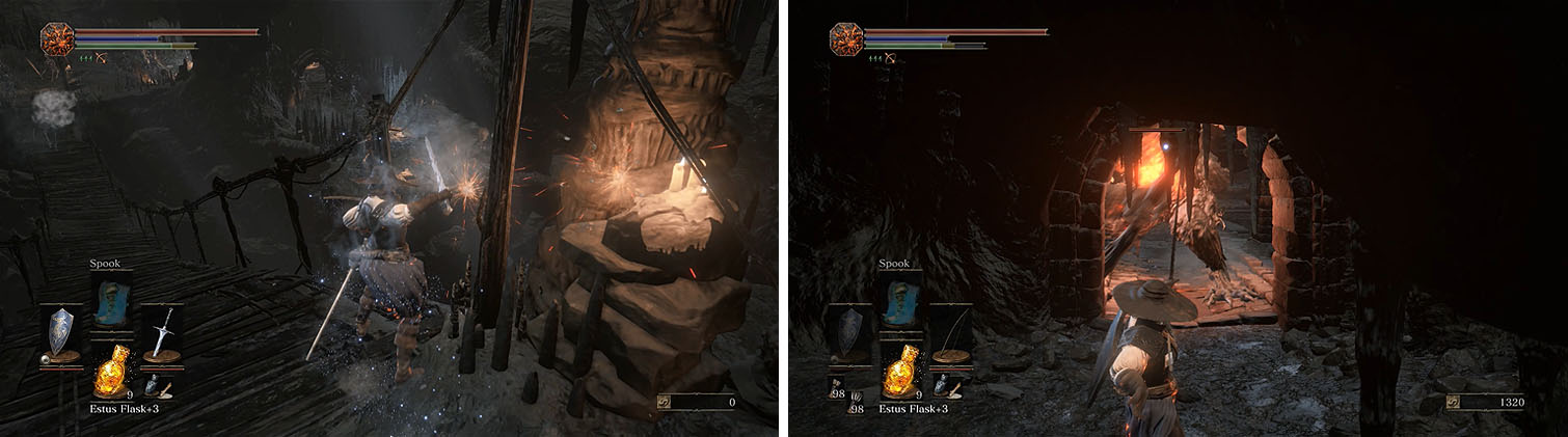 Strike the bridge near Wolnir’s bonfire to create a ladder (left) and then pull the Demon back to the archway to attack him safely (right).