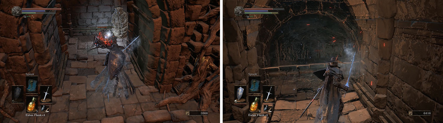 There are two enemies in the small hall near the Ember that are waiting to attack (left). Downstairs, don’t forget to strike the illusionary wall (right).