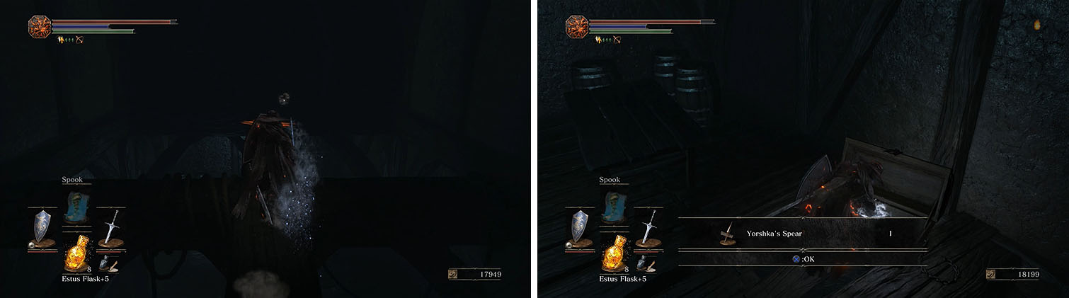 Take the ladder to the rafters and fall to the platform to find Yorshka’s Spear.