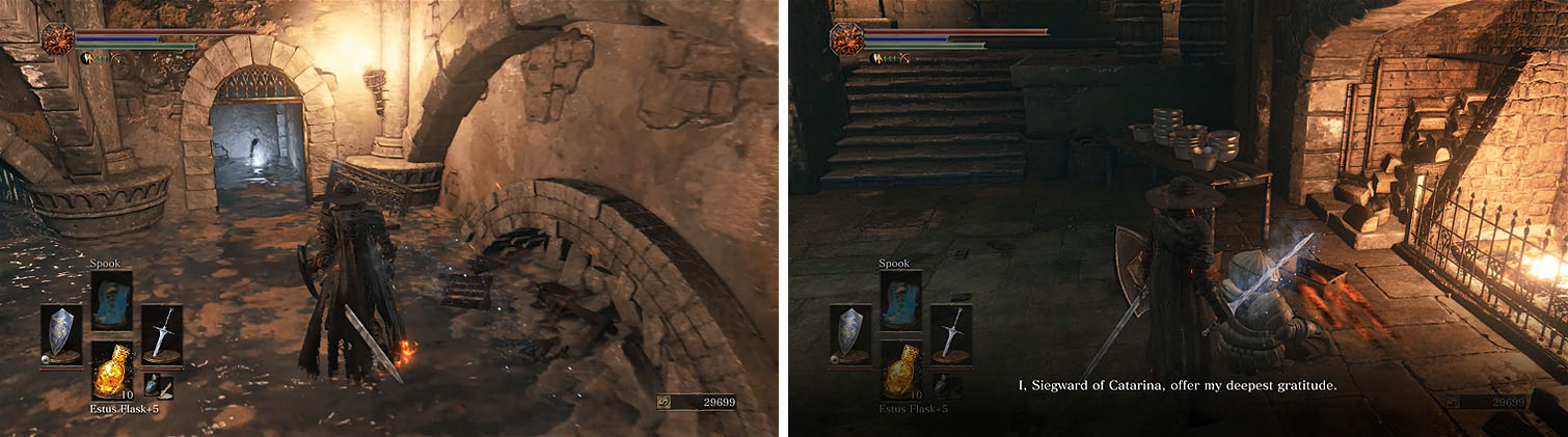 Don’t miss the ashes at the base of the stairs to the kitchen (left) and make sure to exhaust Siegward’s dialogue (right).