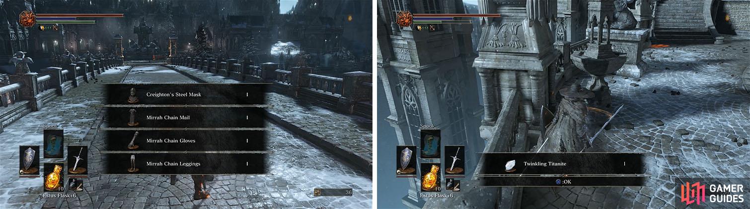 Return to the bridge to find Creighton’s armor (left) and then exit Sulyvahn’s boss area to kill two Crystal Lizards (right).
