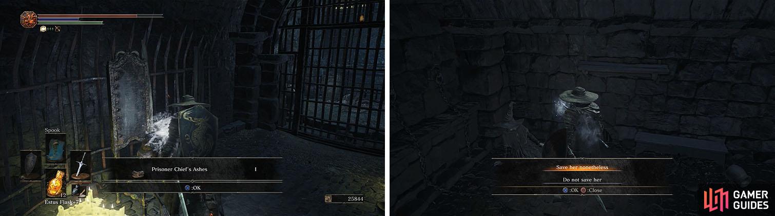 Use the Jailer’s Key Ring to collect the previously inaccessible items (left) and release Karla from her cell (right).