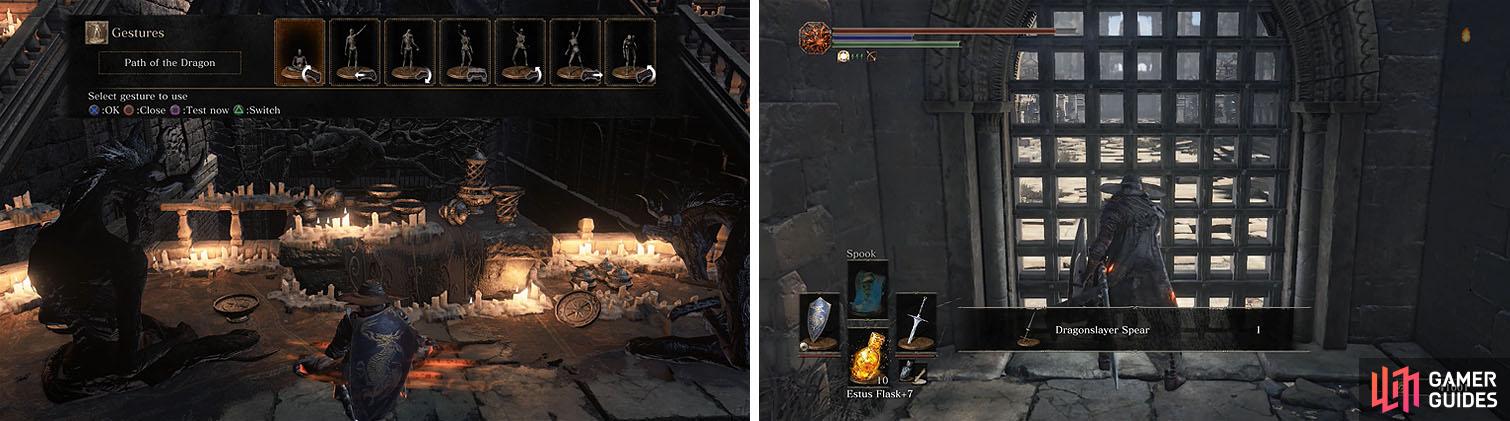 Use the Path of the Dragon gesture to obtain the Calamity Ring (left) and don’t miss the Dragonslayer Spear as you leave the area (right).