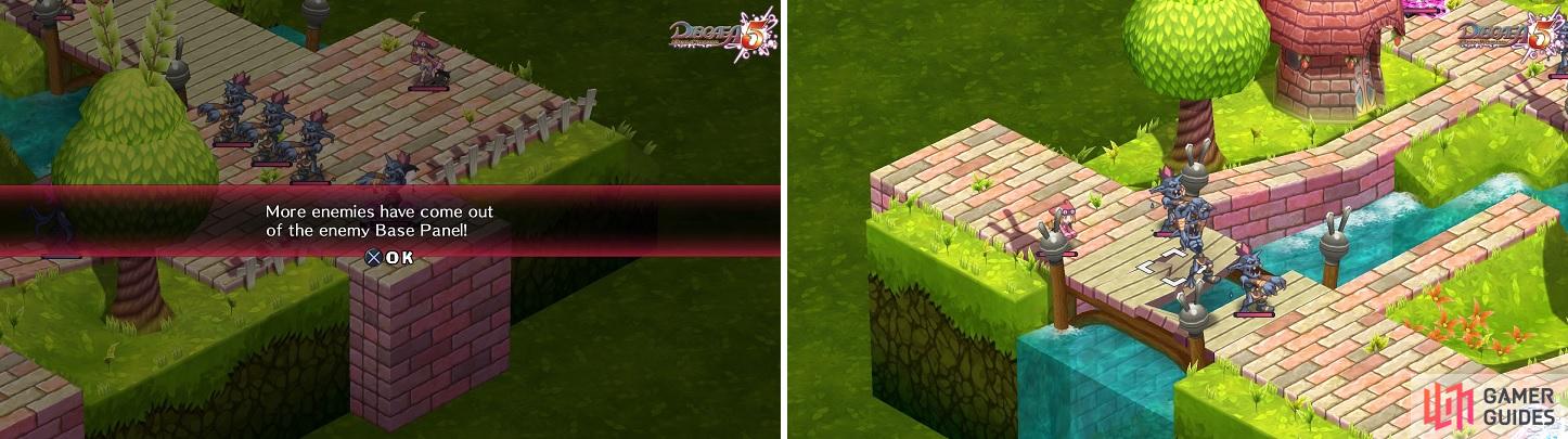 Not only do the purple portals spawn more enemies (left), but the Thieves will also toss the Undead near them across the gaps to get them closer to your party (right).