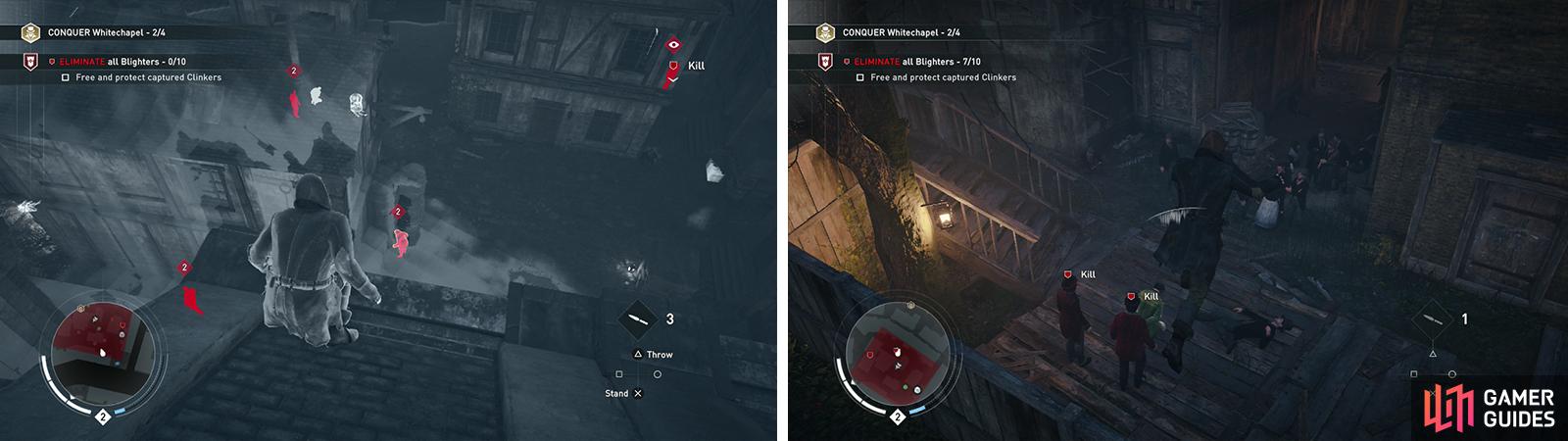 Use Eagle Vision to locate the enemies (left). The Clinker can be found on the southern side of the area (right).