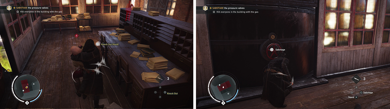 Choking out guards will not count against the optional objective (left). Our goal is to sabotage all four valves in the building (right).