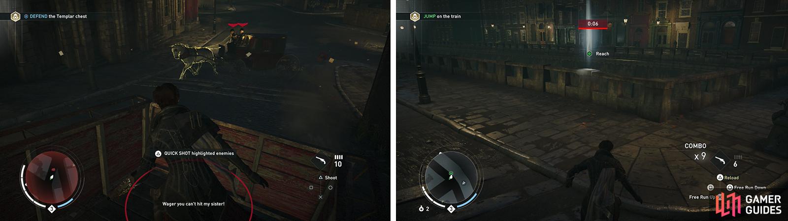 During the chase, shoot the horses (left) to take out enemies quicker. At the end of the chase, exit the cart and reach the marker (right)