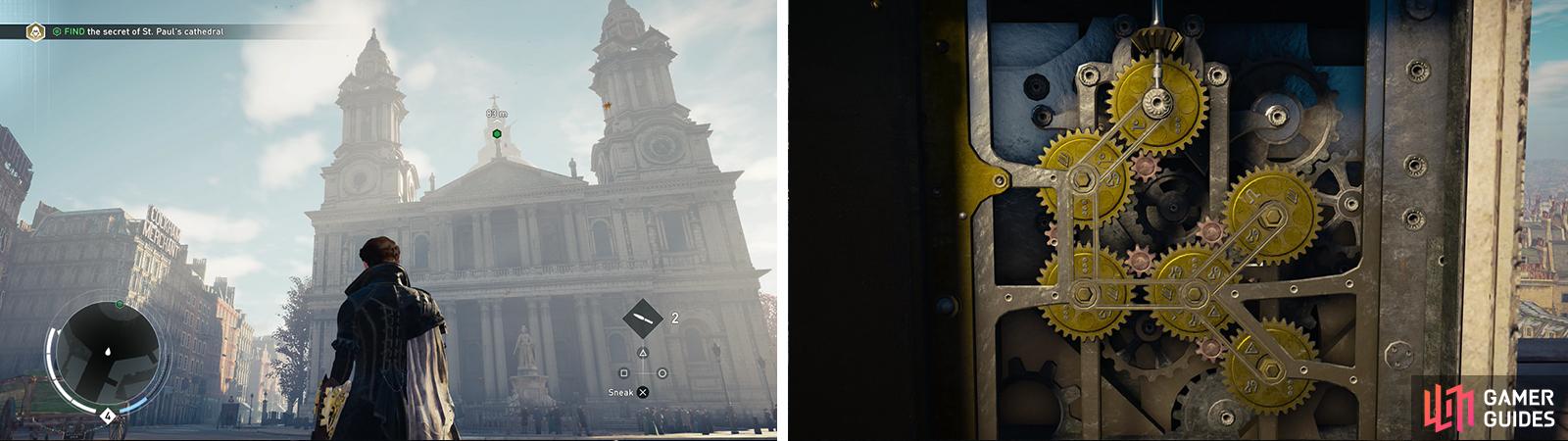 Climb to the top of St. Paul’s (left) to locate a puzzle. Rotate the gears until you reach the solution pictured (right).