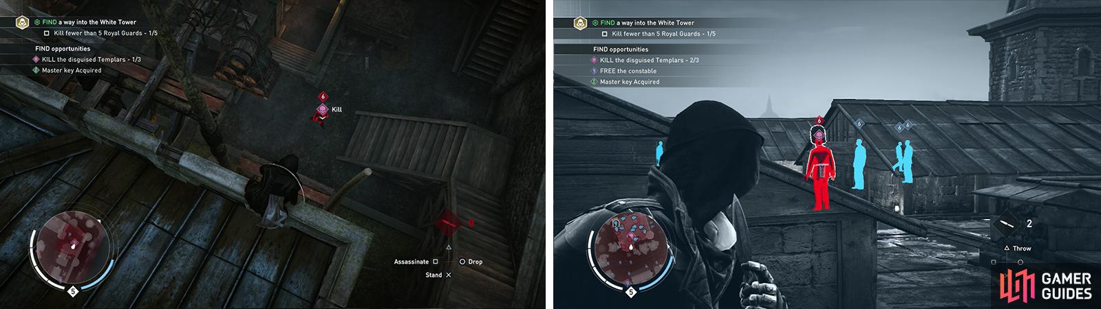 Track down and kill the hidden Templars in the northeast corner of the map (left) and on top of the central structure (right).