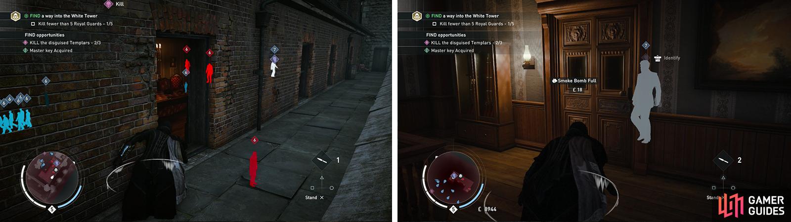 Enter the building on the southeast corner of the map (left). Sneak through the Templars inside to reach the door with the Constable (right).