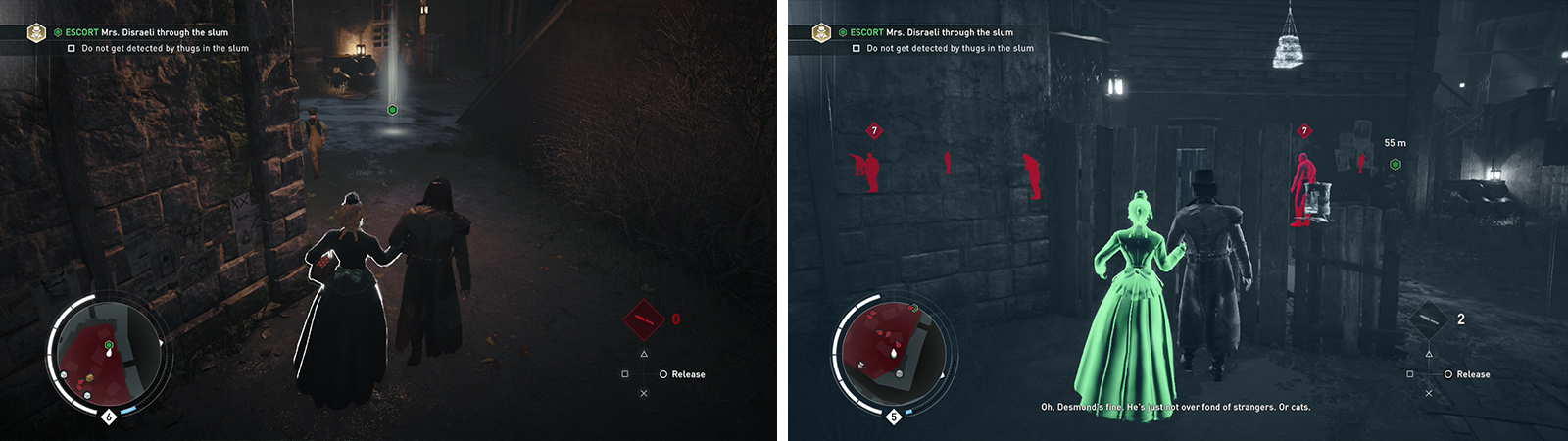 We’ll need to escort the target through the slum (left). Use Eagle Vision to identify threats (right) and leave the escort alone to eliminate them effectively.