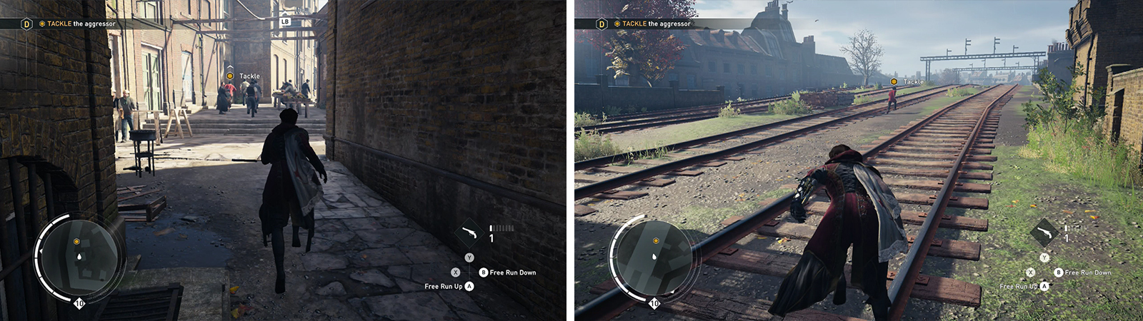Chase the target through the alleys and streets (left). Tackle him on the train tracks (right) to complete the memory.