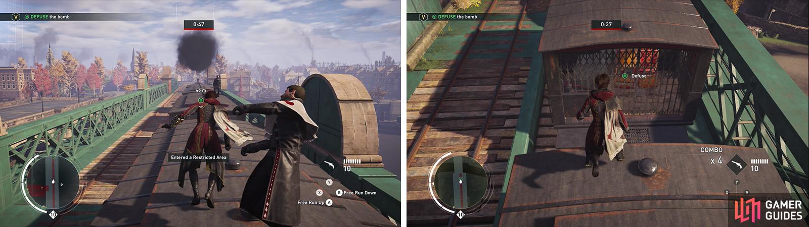 Make your way across the top of the train (left) and interact with the crates by the locomotive at the front (right).