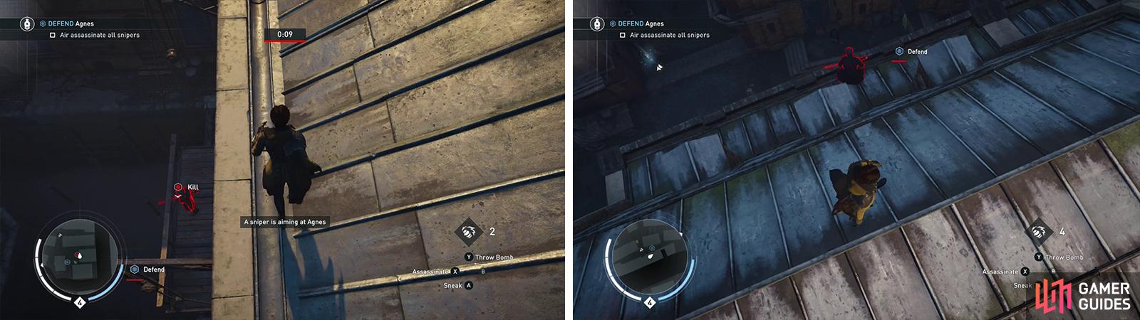 You’ll need to climb up and air assassinate each of the Snipers for the optional objective. Sniper 1 (left) and Sniper 4 (right) pictured.