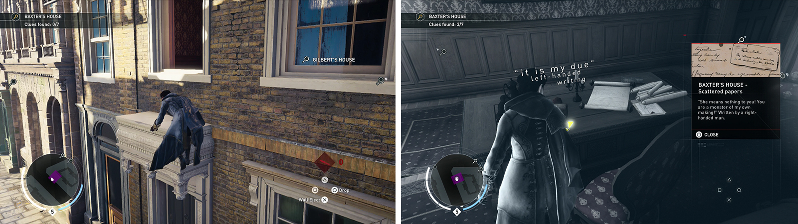 Enter Baxter’s house via the window (left). Loot the clues within (right).