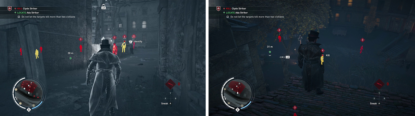 There are a pair of targets in this area (left). It’s best to approach the situation via the rooftops (right).