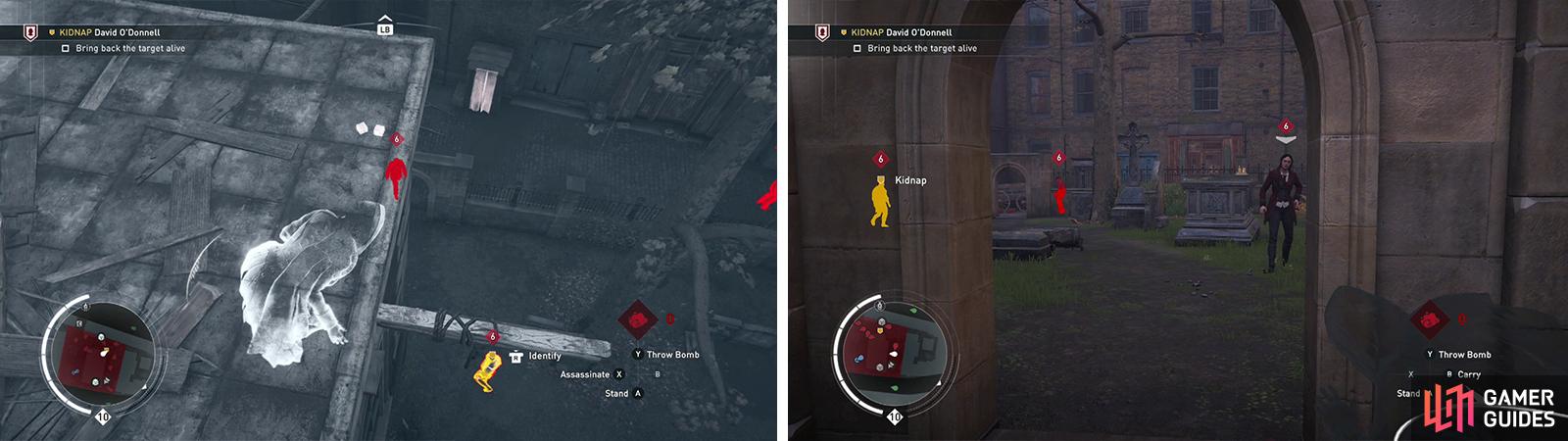 The target can be found on the north side of the building (left). Use the stone gate to cover assassinate the nearby enemies (right).