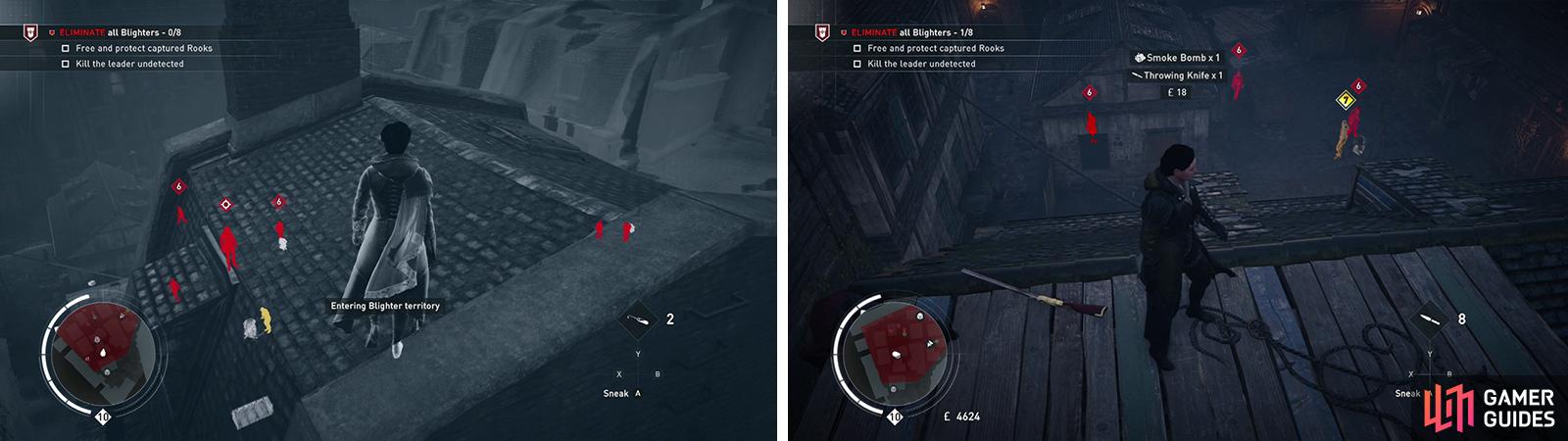Tag the enemies using Eagle Vision from the rooftops (left). The Leader can be found in the courtyard with the Rook (right).